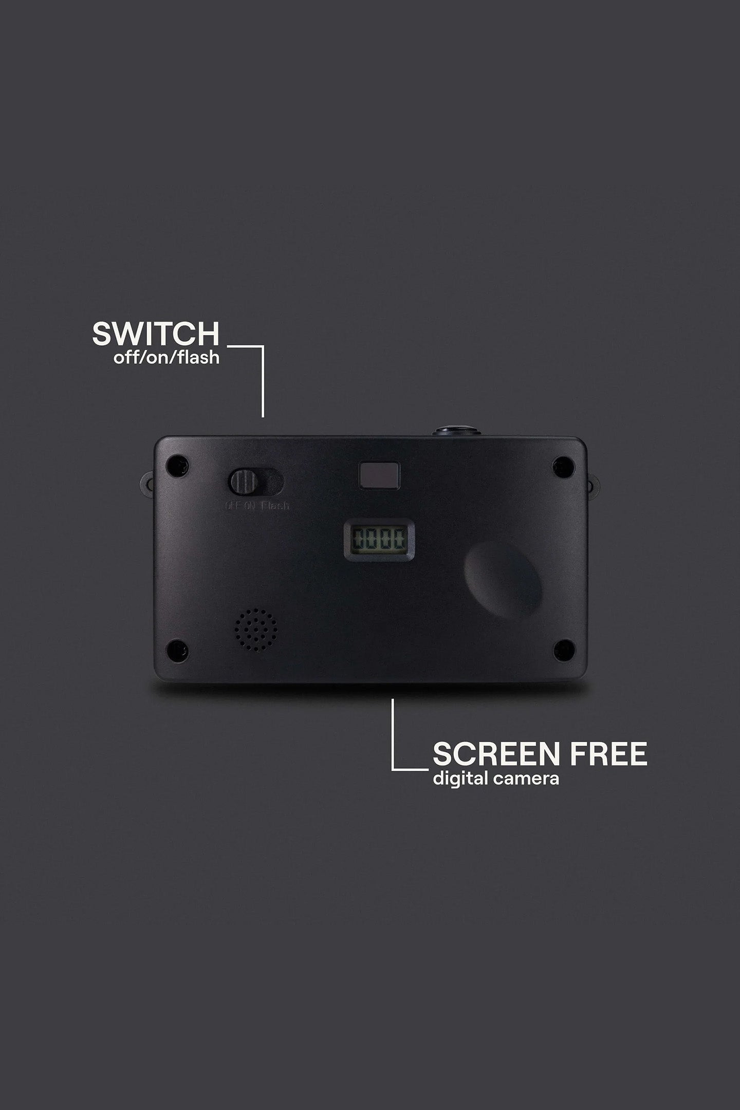 Black digital Camp Snap camera with switch and screen-free label on a dark background