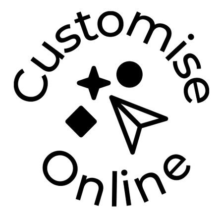 Black circular logo with the words 'Customise Online' in a curved, rounded font around simple geometric icons including a star, circle, diamond, and arrow on a white background.
