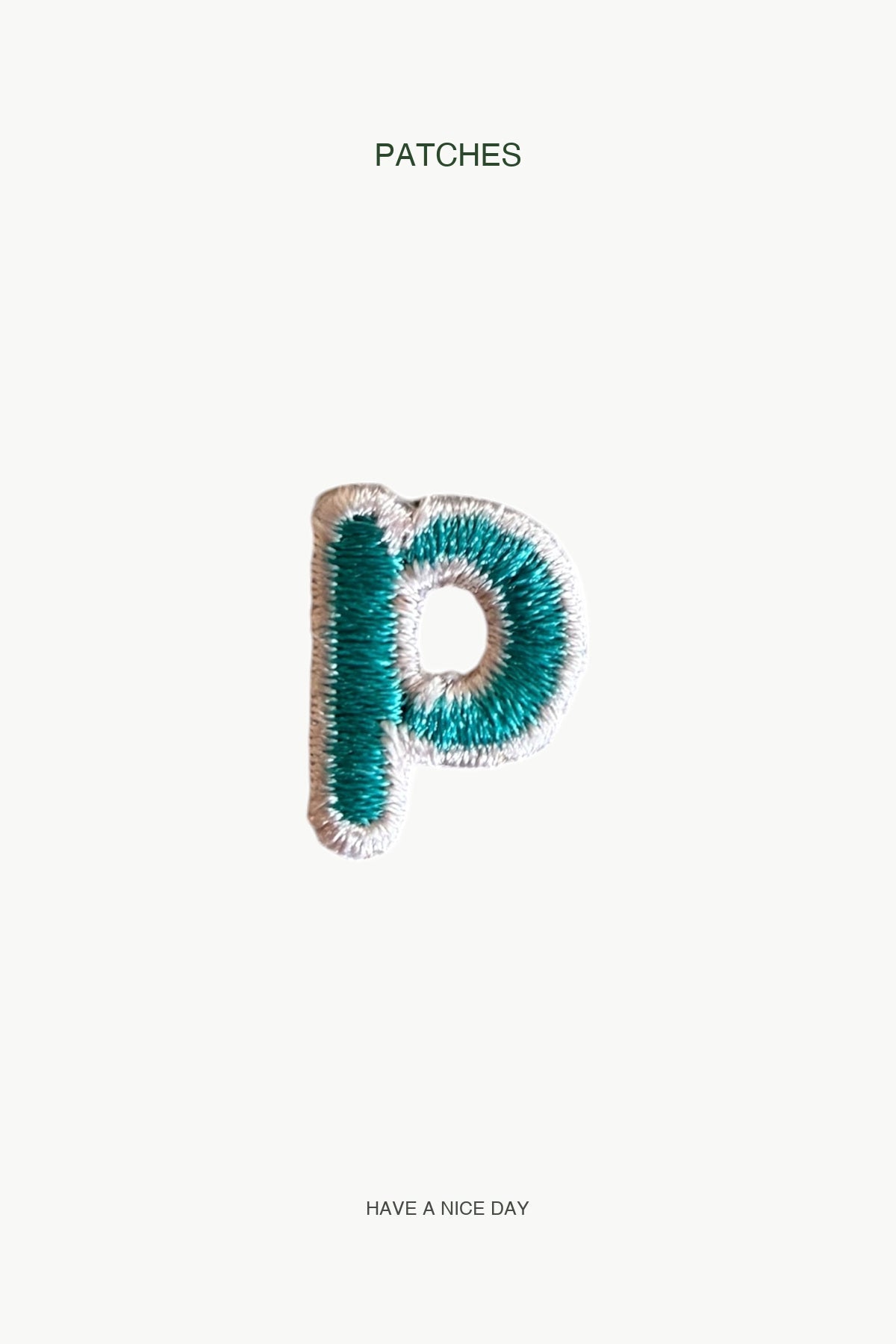 Lowercase p Alphabet Patch — branded PATCHES display card