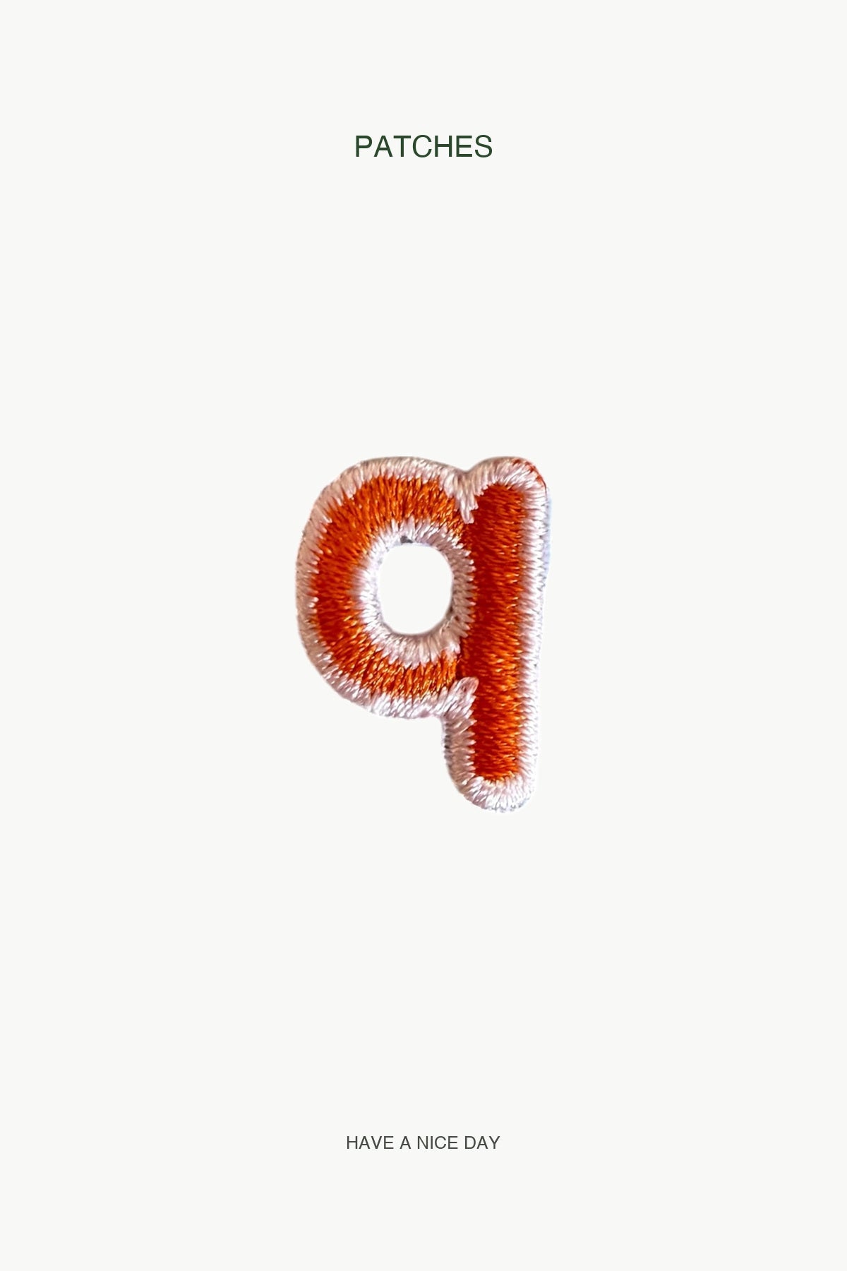 Lowercase q Alphabet Patch — branded PATCHES display card