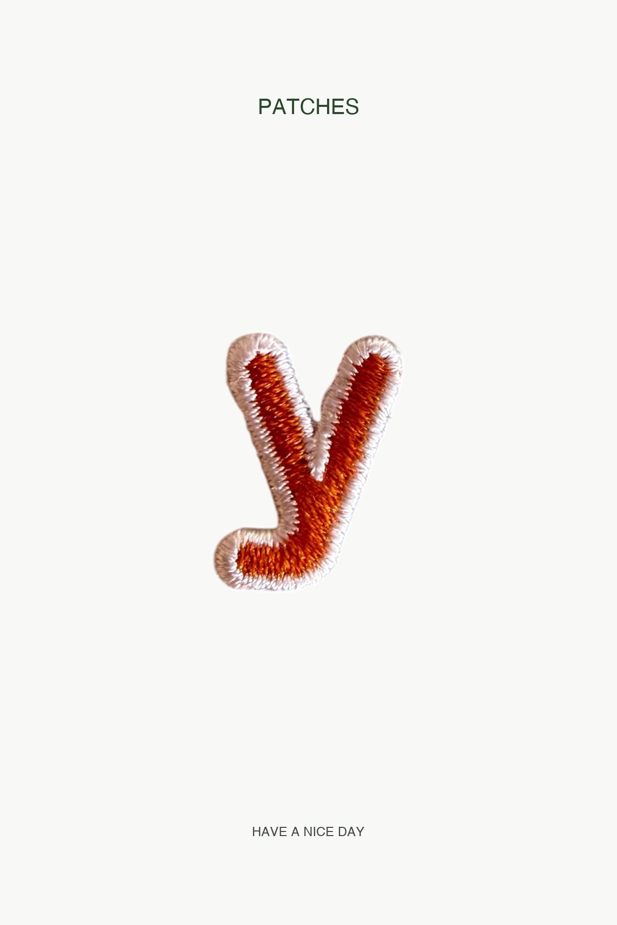 Lowercase y Alphabet Patch — branded PATCHES display card