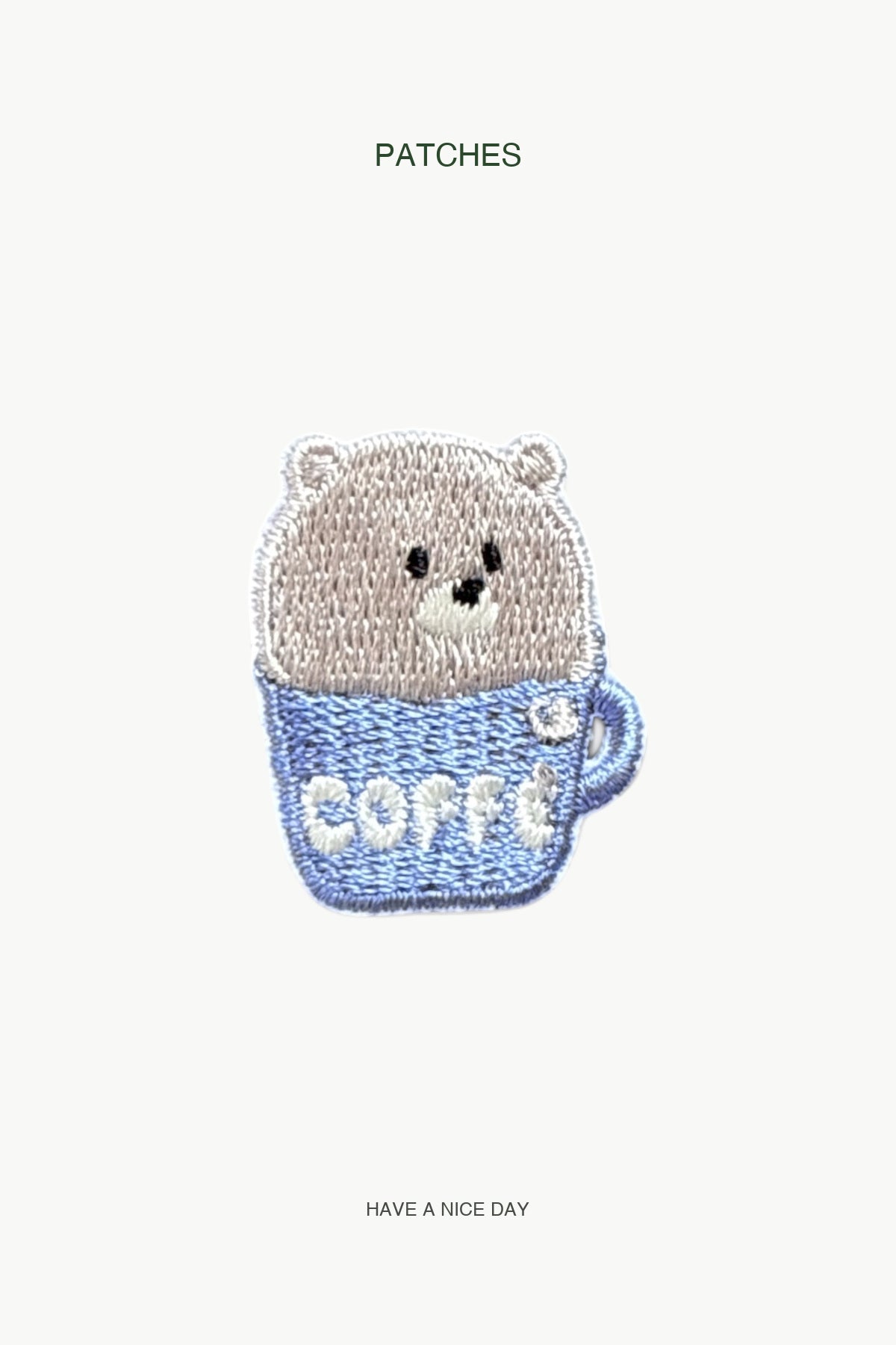 Grey Bear in Blue Coffee Patch — branded PATCHES display card