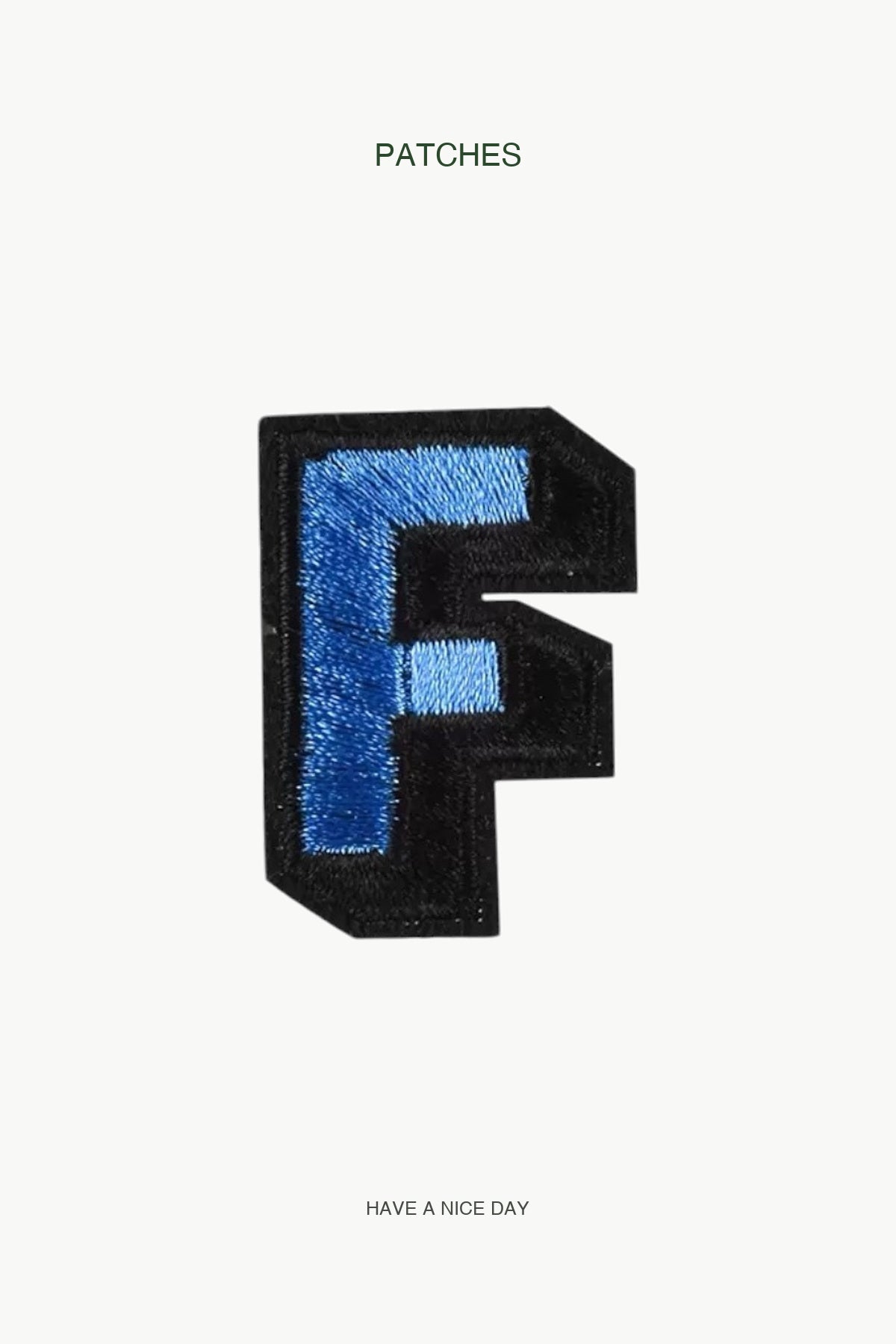 Uppercase F Alphabet Patch — branded PATCHES display card