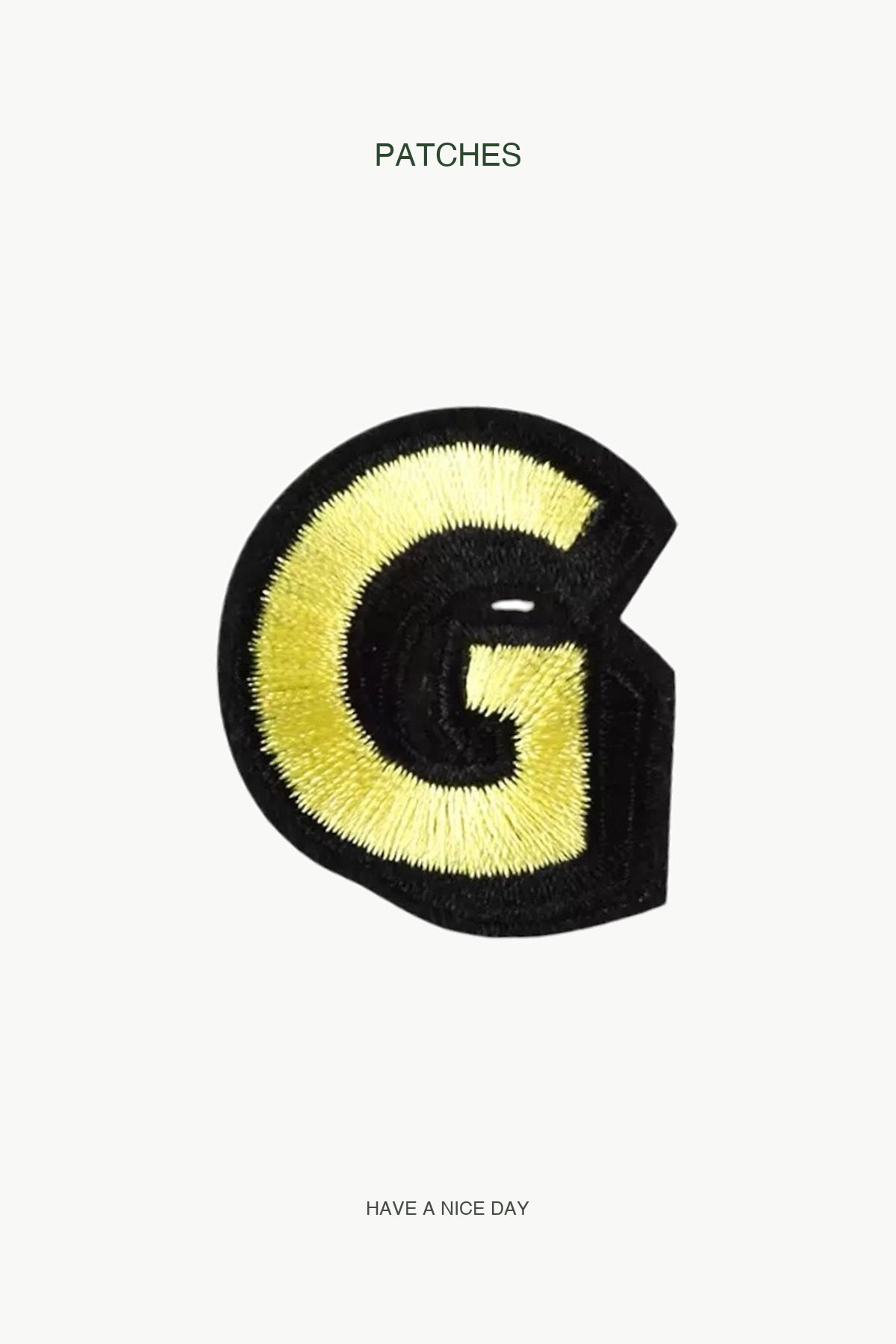 Uppercase G Alphabet Patch — branded PATCHES display card