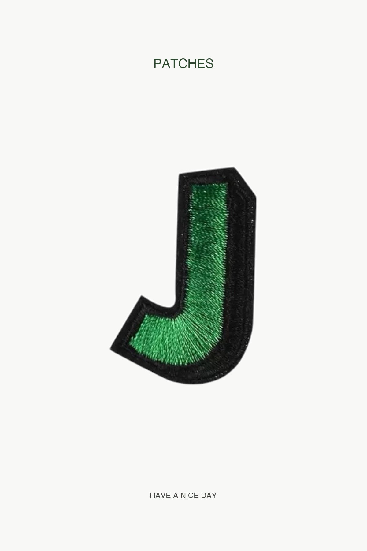 Uppercase J Alphabet Patch — branded PATCHES display card