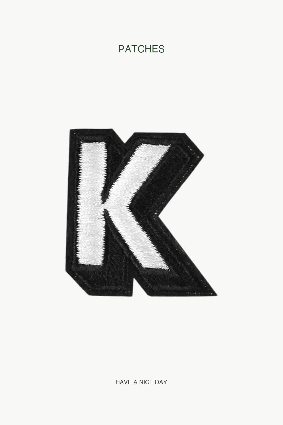 Uppercase K Alphabet Patch — branded PATCHES display card