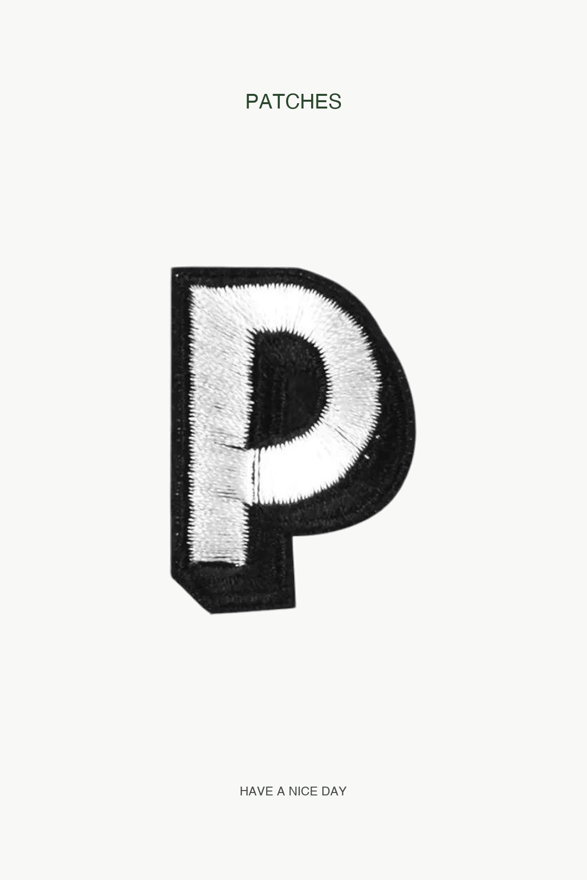Uppercase P Alphabet Patch — branded PATCHES display card
