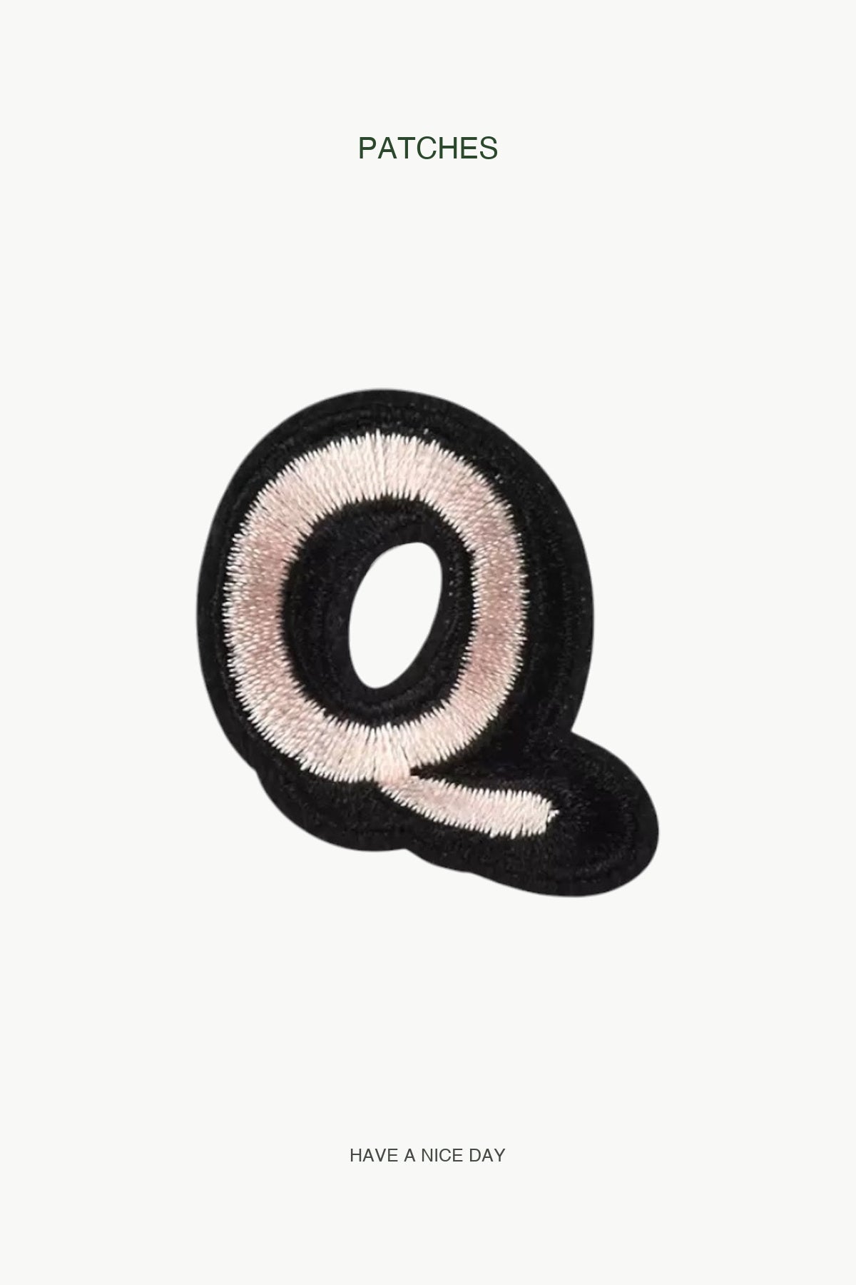 Uppercase Q Alphabet Patch — branded PATCHES display card