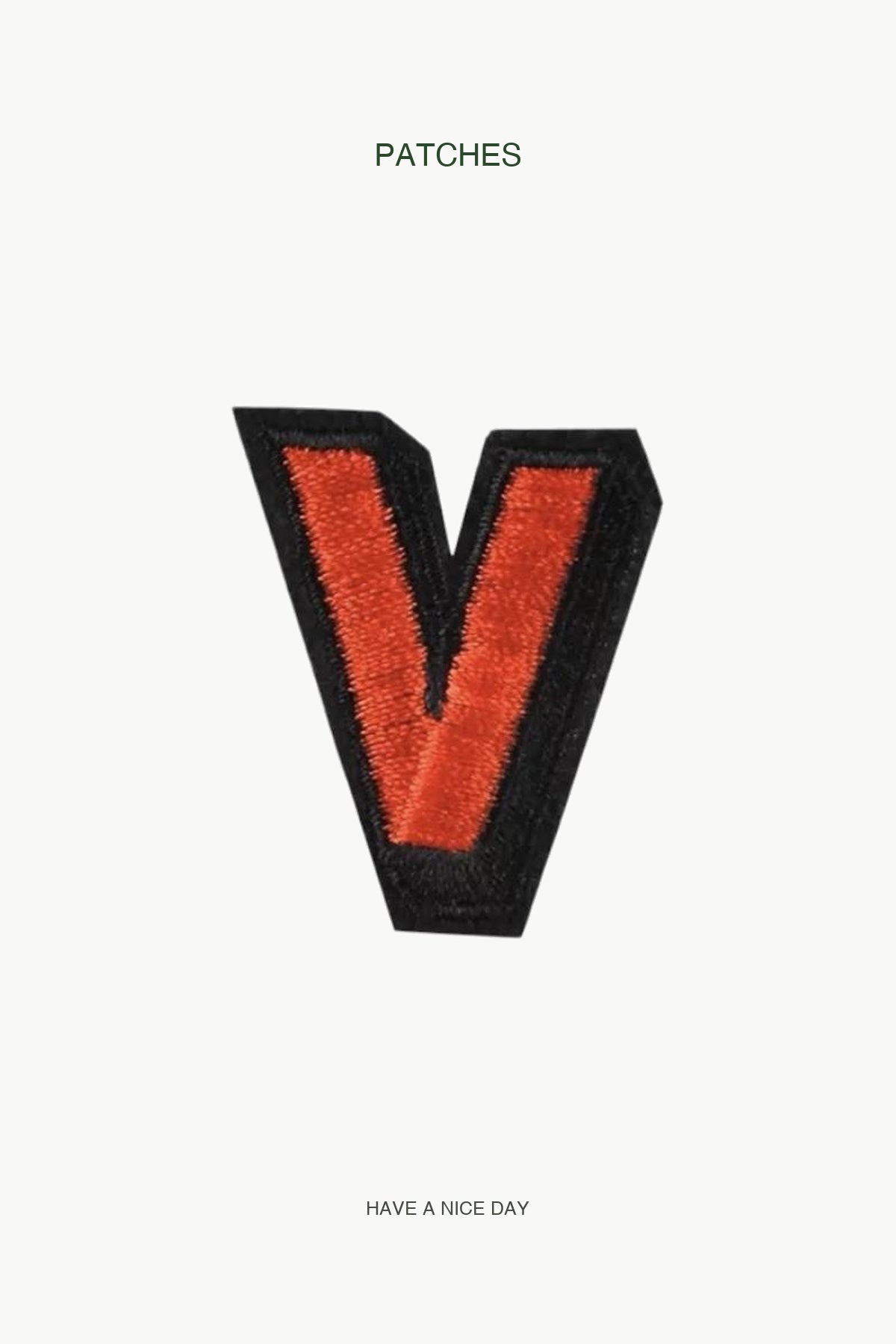Uppercase V Alphabet Patch — branded PATCHES display card