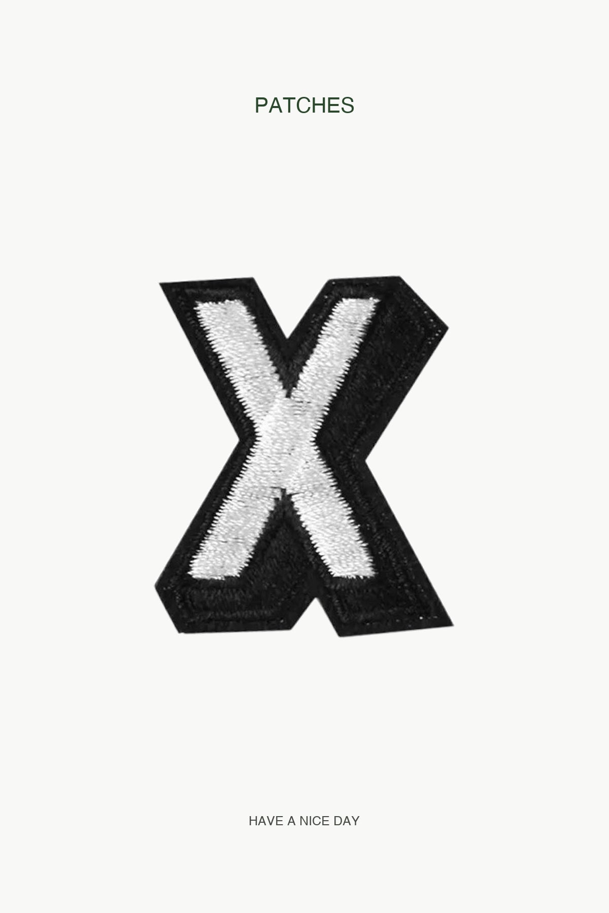 Uppercase X Alphabet Patch — branded PATCHES display card