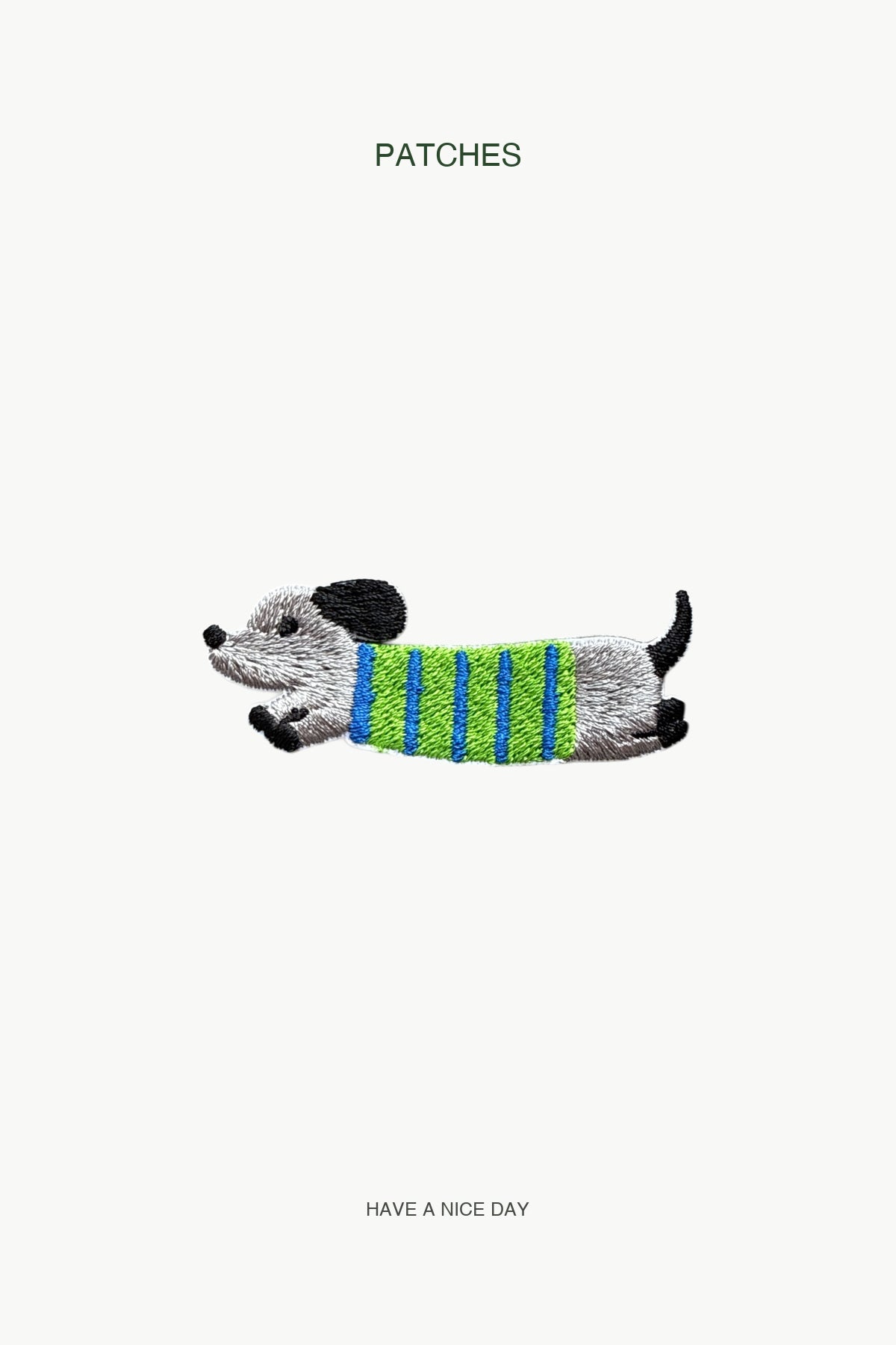 Green Sweater Sausage Dog Patch — branded PATCHES display card