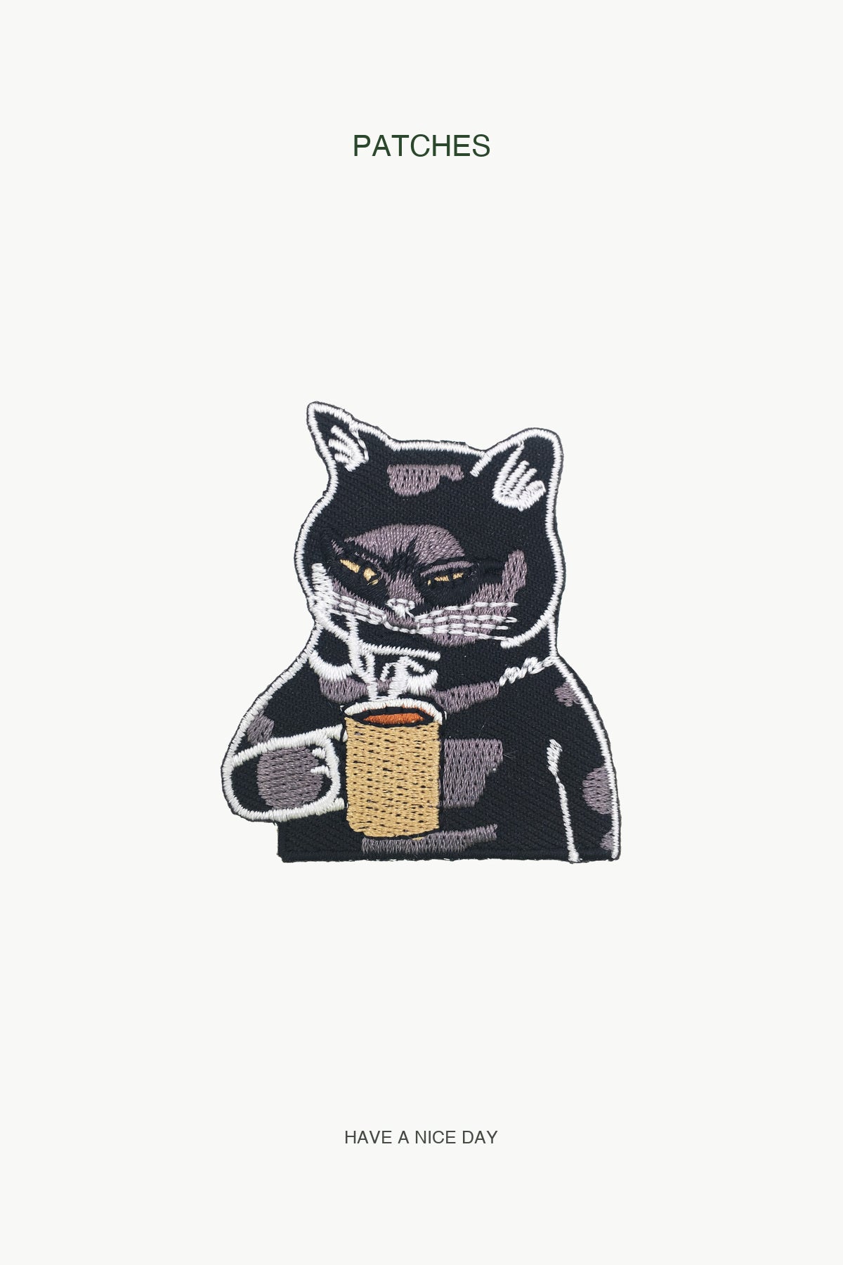 Black Cat Drinking Coffee Patch — branded PATCHES display card
