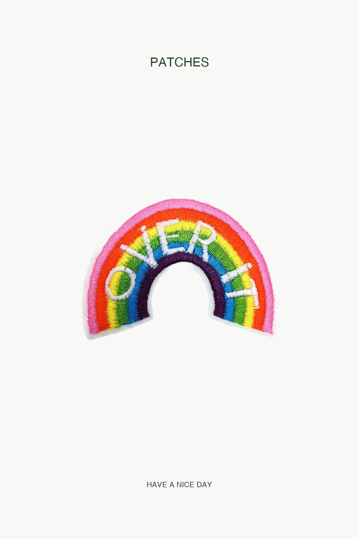 Rainbow "OVER IT" Patch — branded PATCHES display card