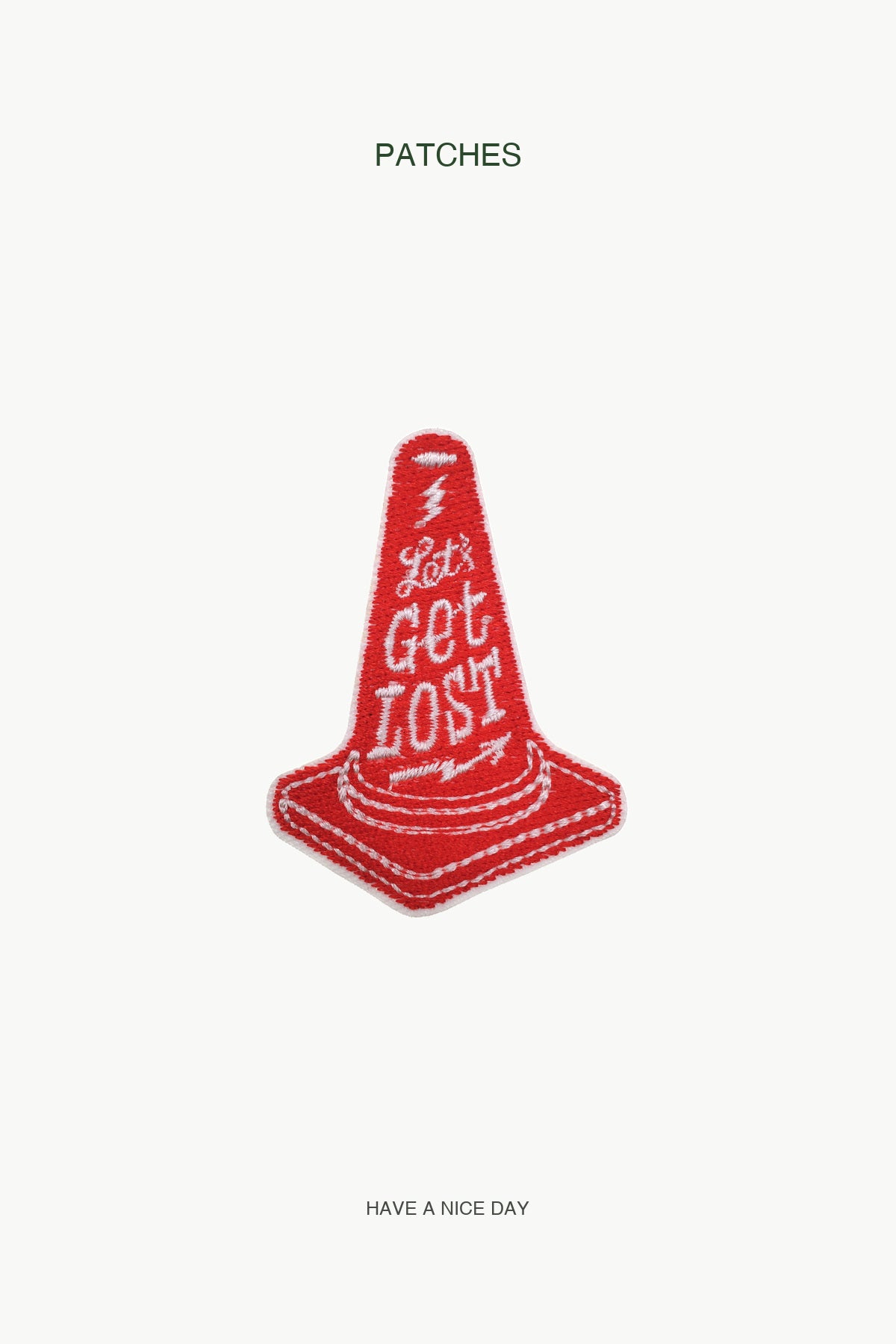 Traffic Cone "GET LOST" Patch — branded PATCHES display card