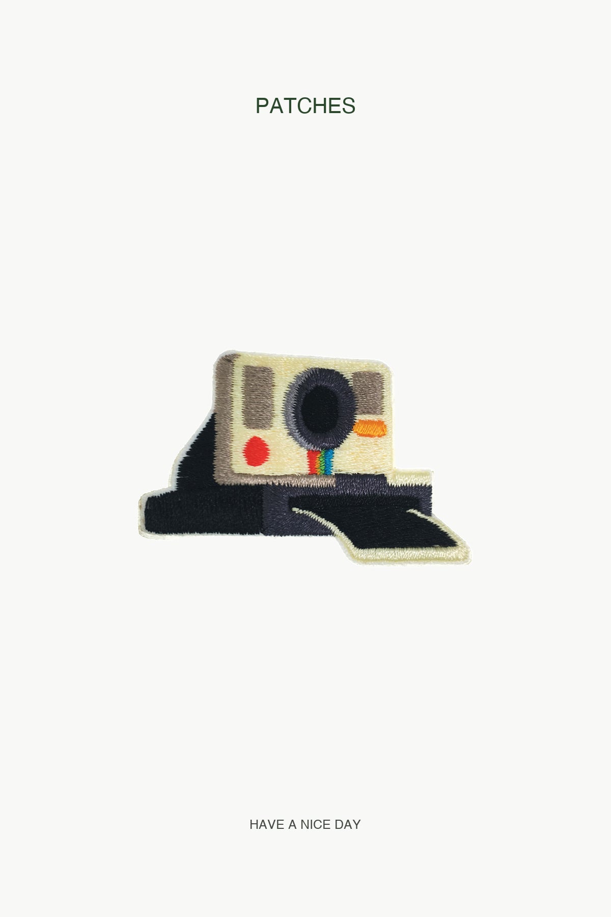 Polaroid Camera Patch — branded PATCHES display card