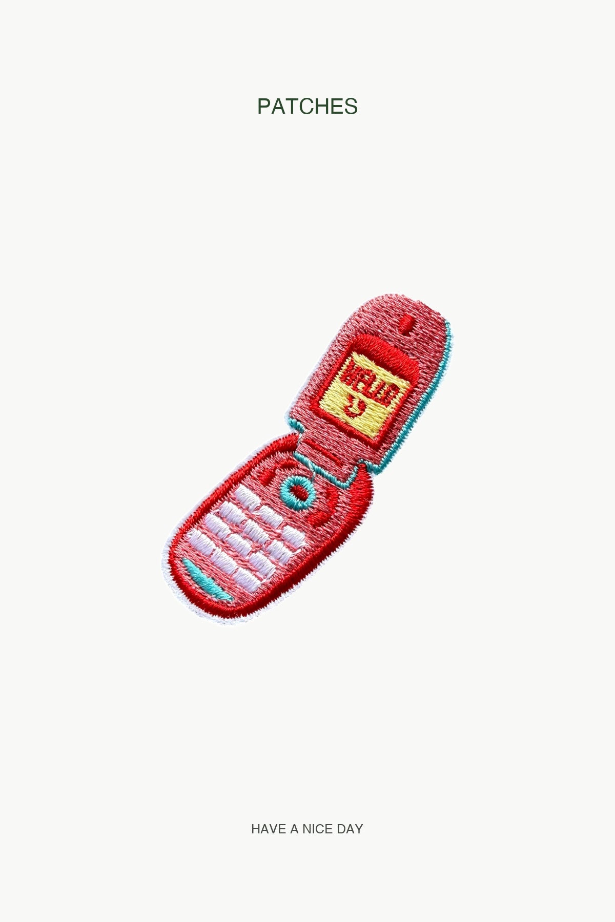 Vintage Flip Phone Patch — branded PATCHES display card