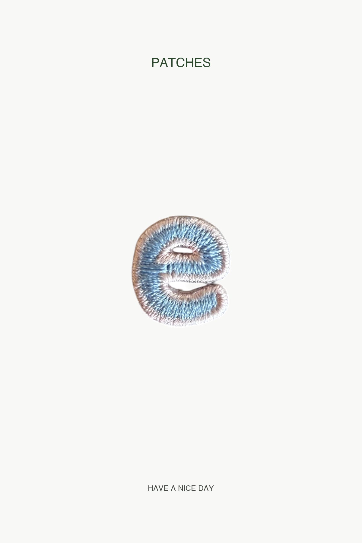 Lowercase e Alphabet Patch — branded PATCHES display card