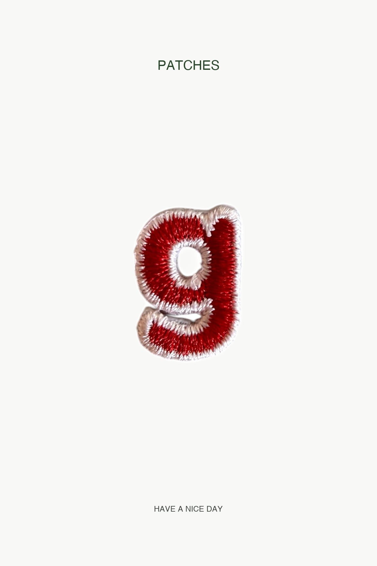 Lowercase g Alphabet Patch — branded PATCHES display card