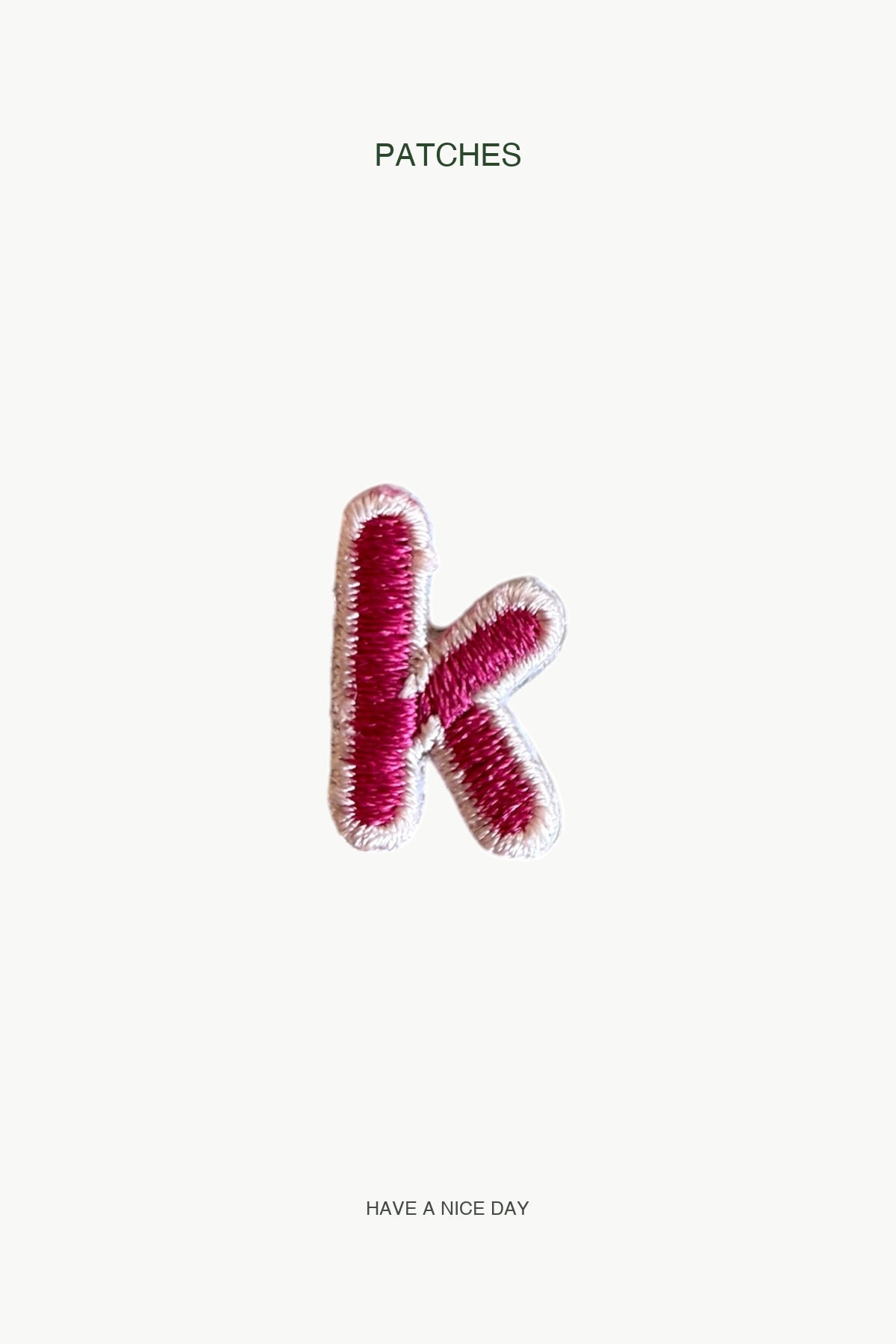Lowercase k Alphabet Patch — branded PATCHES display card