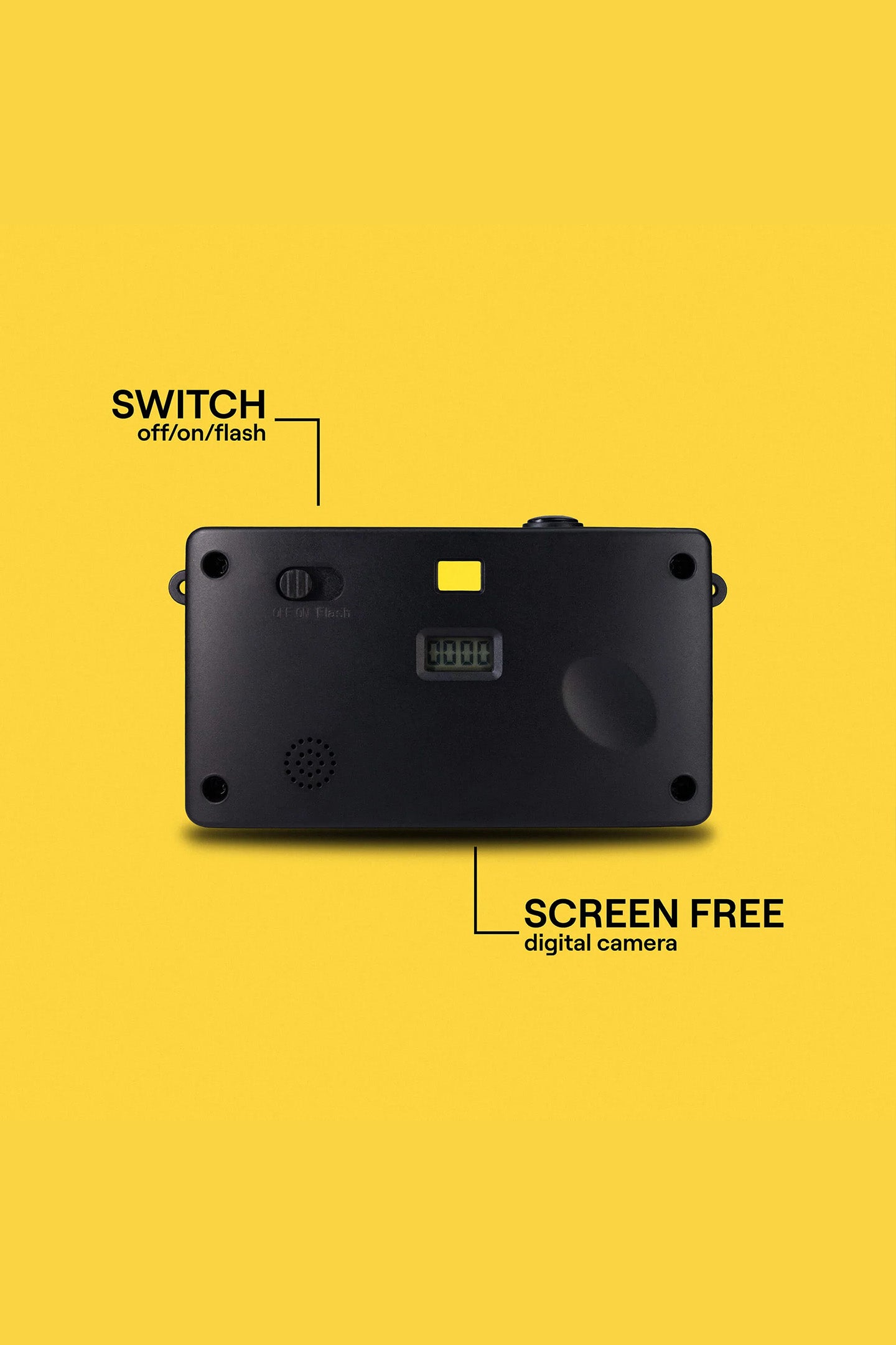 Black digital camp snap camera on a yellow background with screen free features.