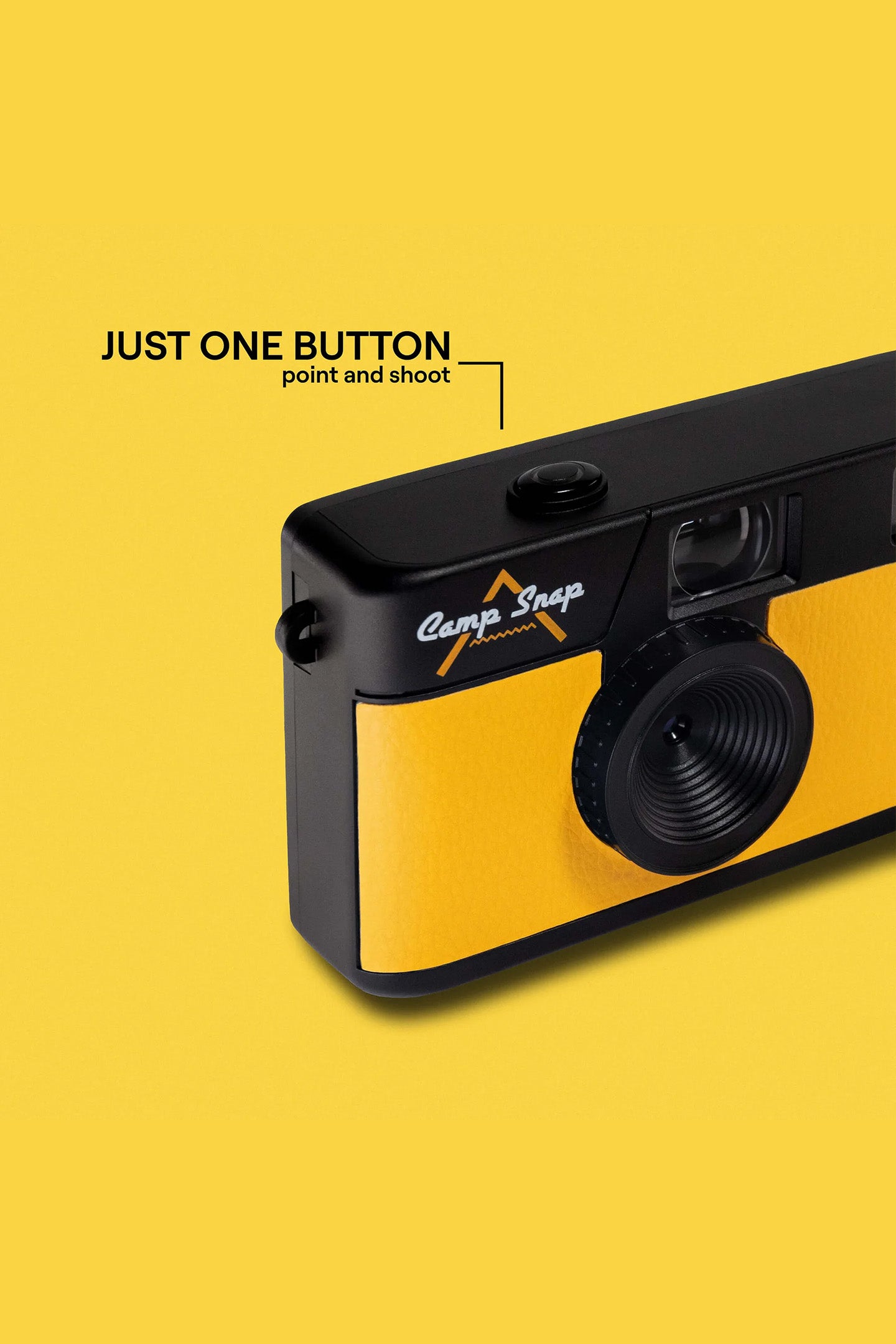 Yellow and black camp snap camera with 'Just One Button' text on a yellow background