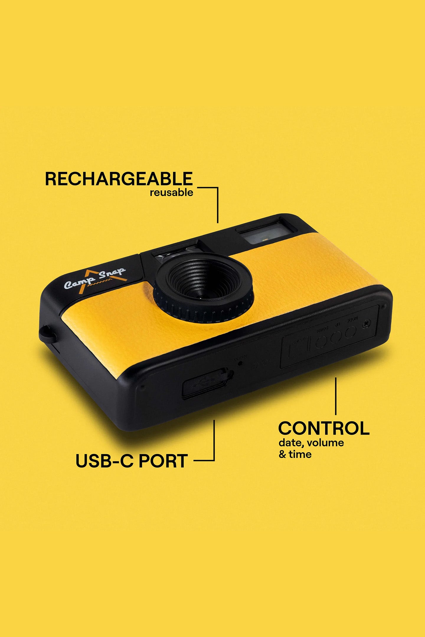 Yellow and black camp snap camera with features labeled on a yellow background